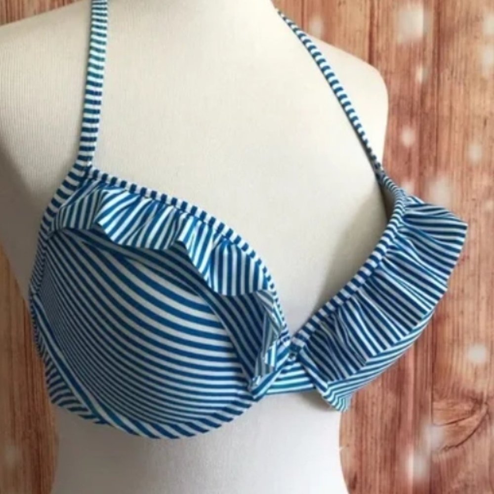 Aerie Bridget Blue Stripe Ruffle Pushup Bikini Top